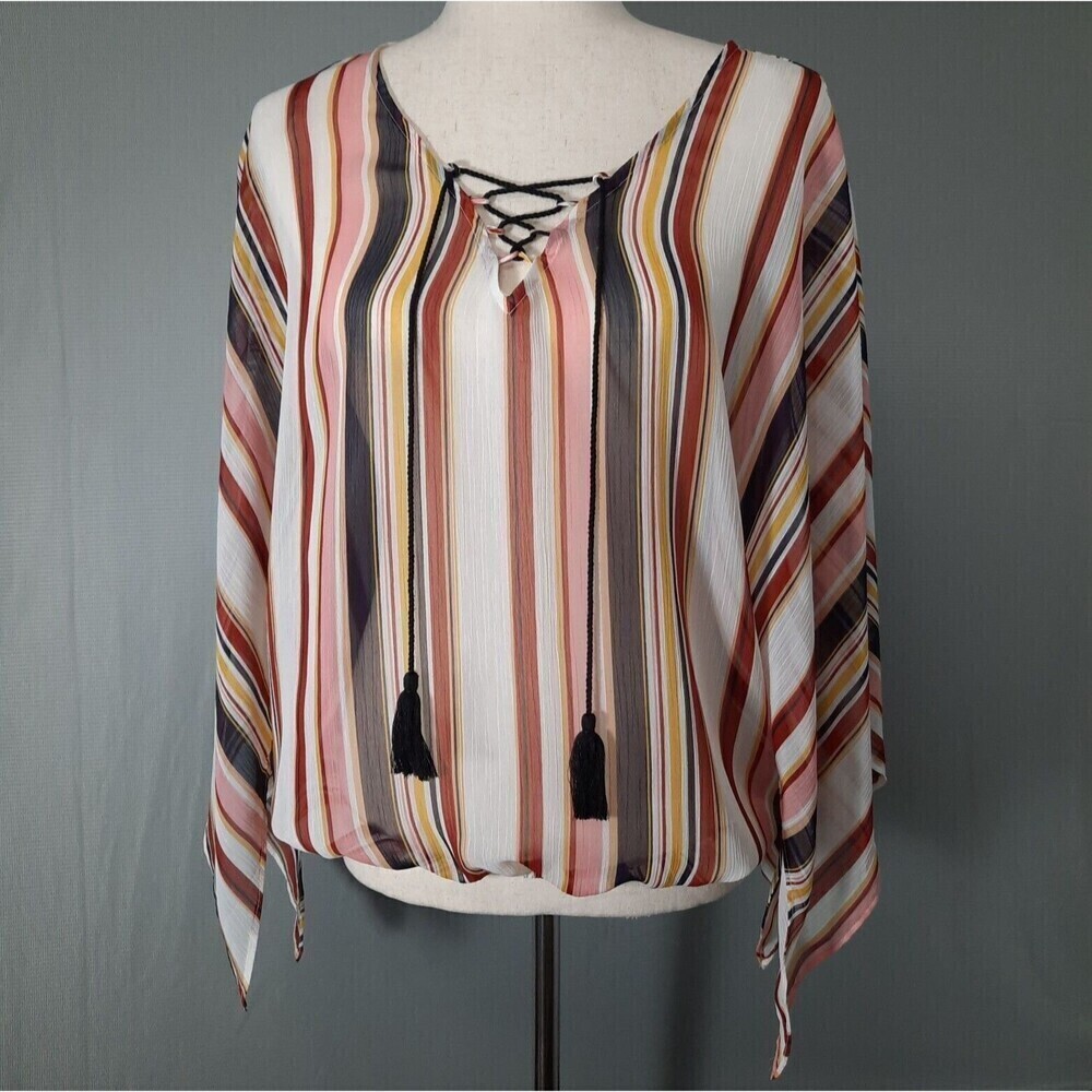 Maurice's Sheer Boho Top with Drape Sleeves and Lace-up V-Neck Tassels SZ Medium